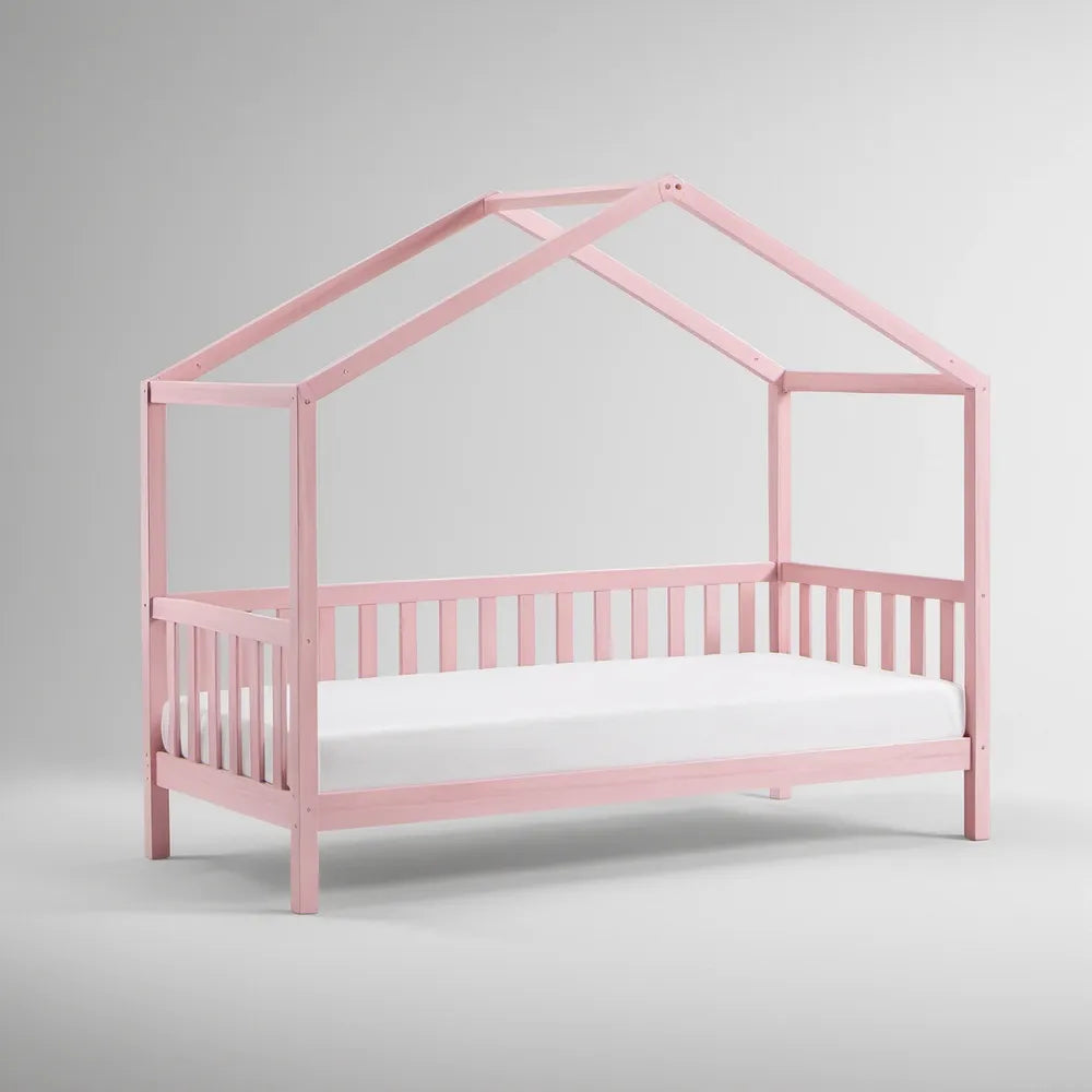 Cama infantil em forma de casa com grades em pinho maciço rosa, 90 x 200 cm