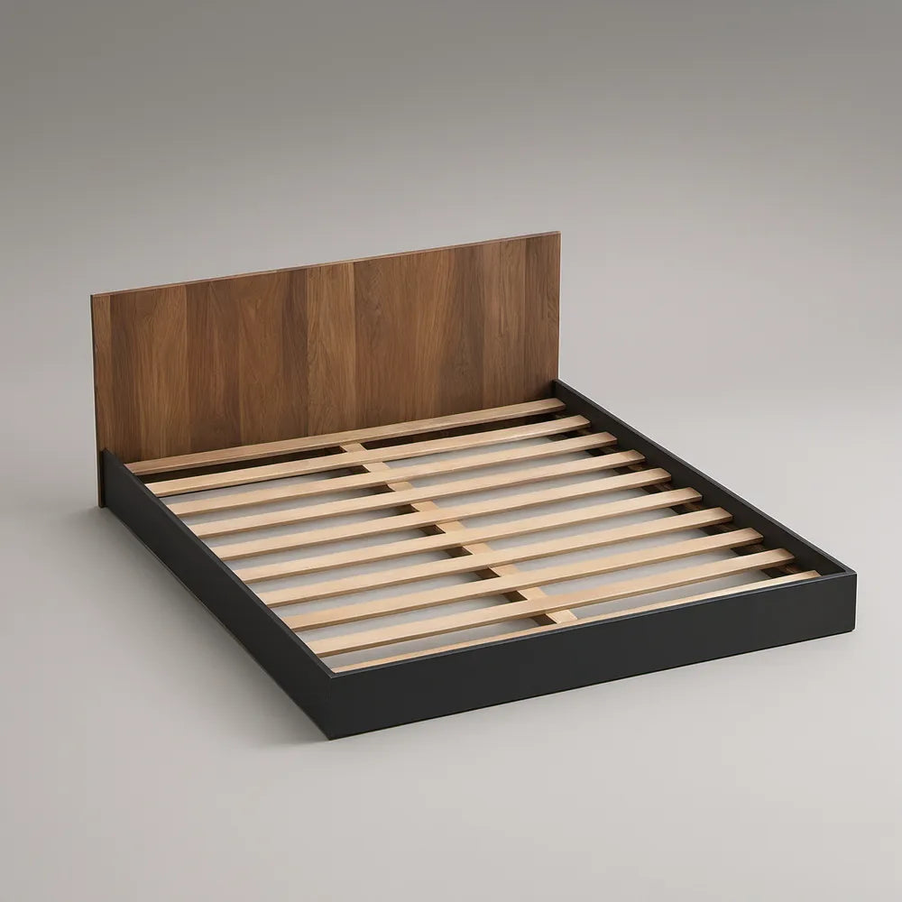 Cama de Casal 160 x 200 cm com Cabeceira em Nogueira e Estrutura Preta