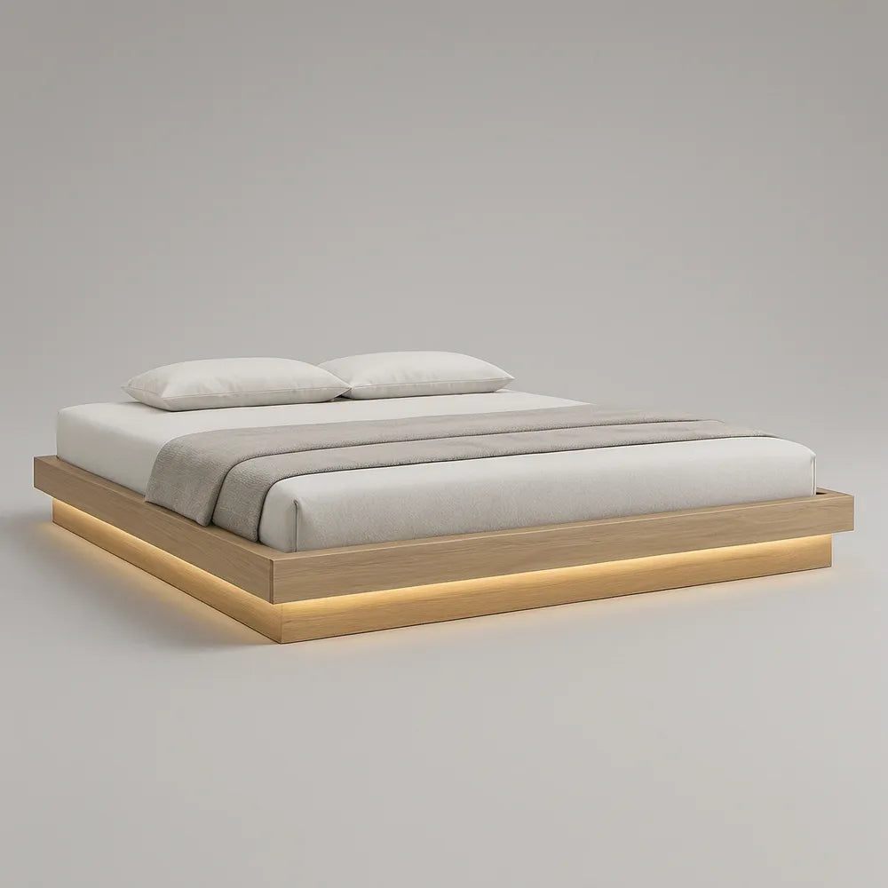 Cama de Casal Baixa 180 x 220 x 30 cm para Colchão 160 x 200 cm em Carvalho Claro com Iluminação LED