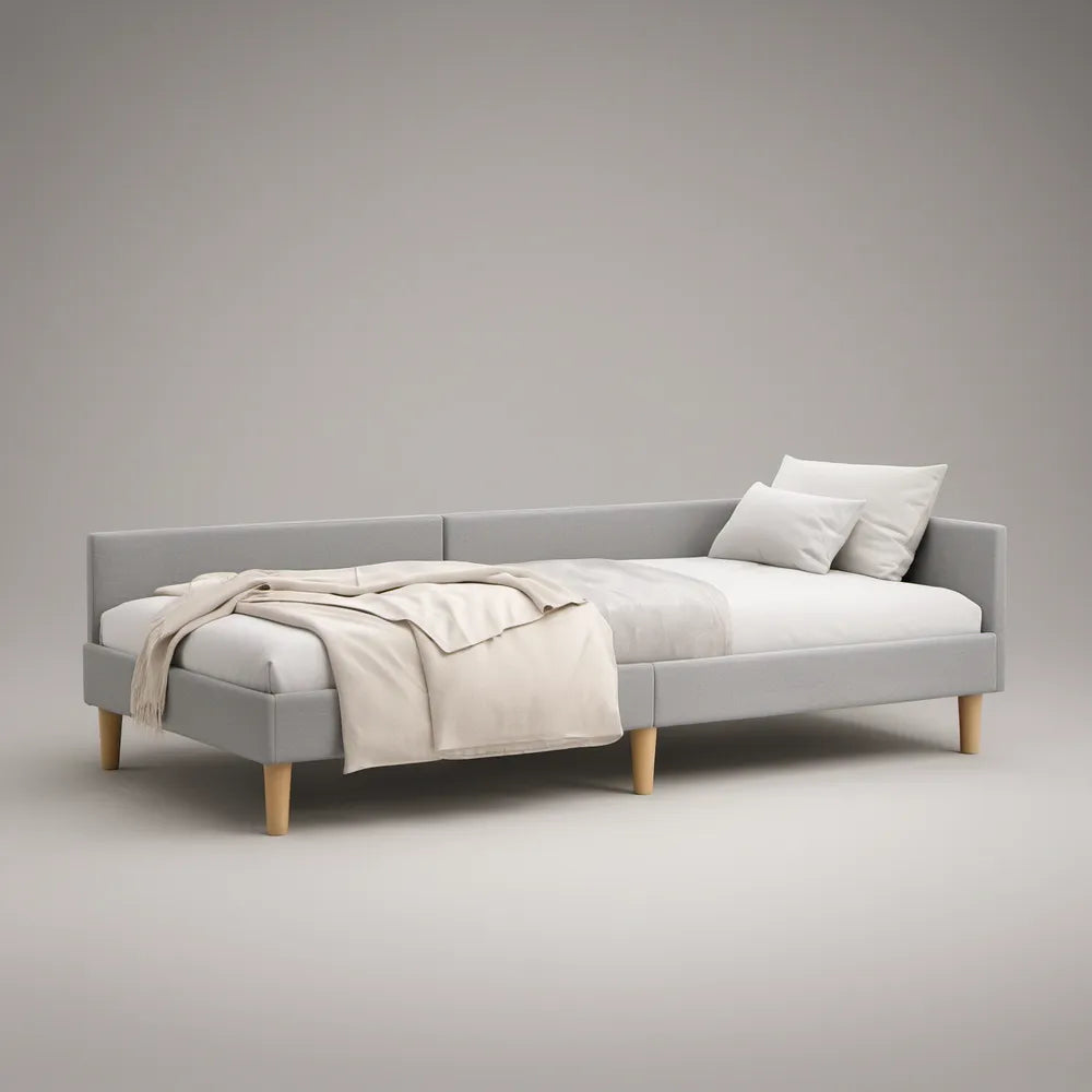 Sofá-cama individual em poliéster cinzento-claro com pés em madeira natural, 200 x 90 cm