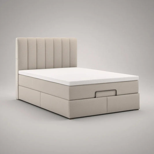 Cama de Casal Estofada Bege com Gaveta Frontal e Cabeceira Acolchoada 160 x 200 cm