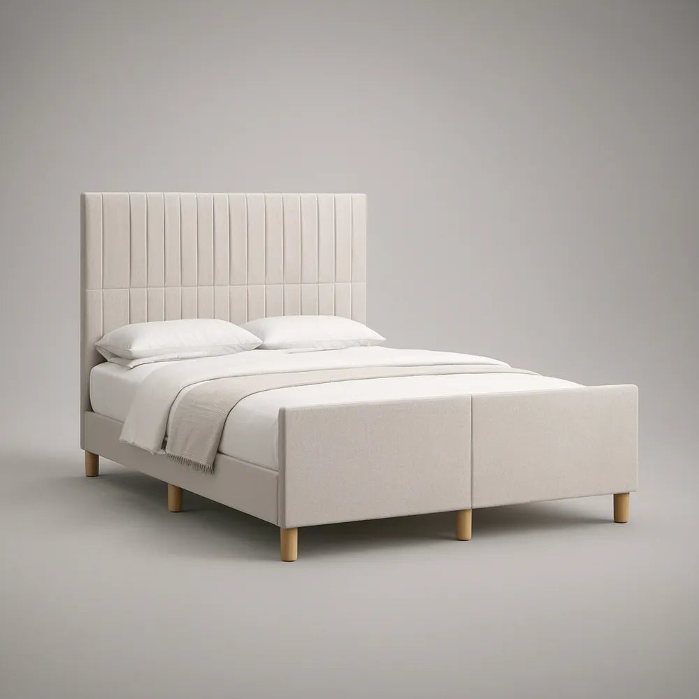 Cama Estofada de Casal 160 x 200 cm em Poliéster Bege com Cabeceira Acolchoada