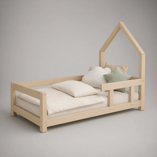 Cama Infantil em Forma de Casa em Pinho Maciço Natural 90 x 190 cm