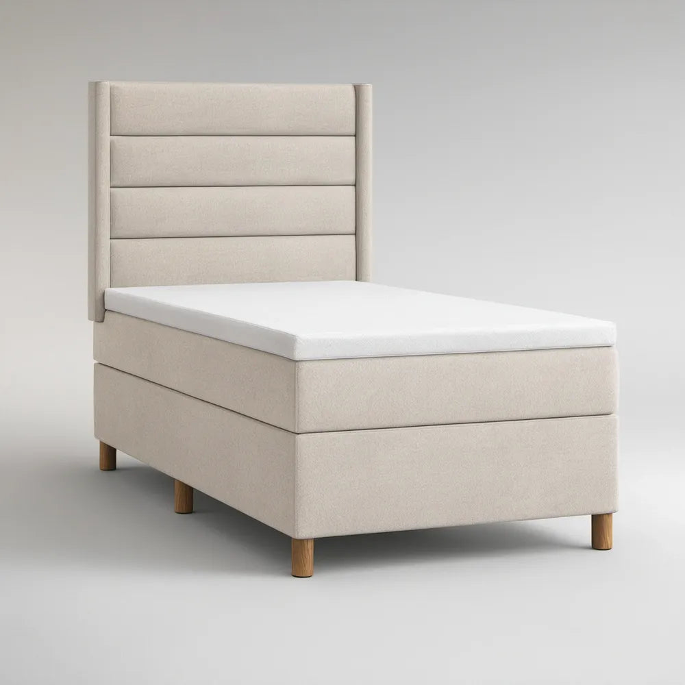 Cama individual estofada bege 90 x 200 cm com cabeceira acolchoada e pés em madeira