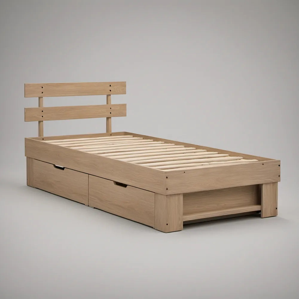 Cama individual 90 x 190 cm com 2 gavetas, estrado de ripas e acabamento Carvalho Claro