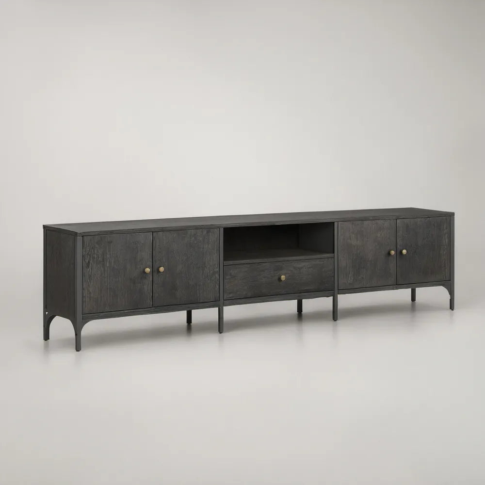 Móvel de TV em MDF Cinzento Escuro 200 x 45 x 70 cm com 4 Portas, Gaveta e Puxadores Dourado Envelhecido