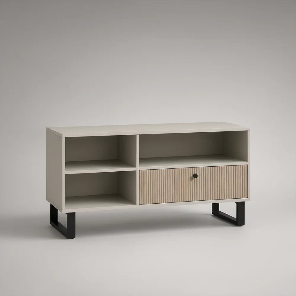 Móvel de TV em MDF Branco e Bege-claro com Porta Canelada e Pés Pretos 120 x 40 x 60 cm