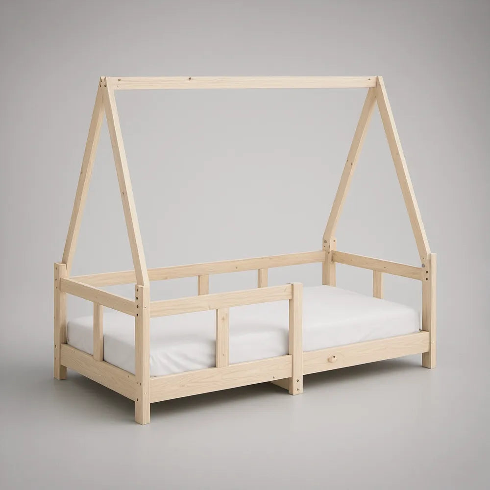 Cama Infantil com Estrutura em Forma de Casa em Pinho Natural, 90 x 200 cm