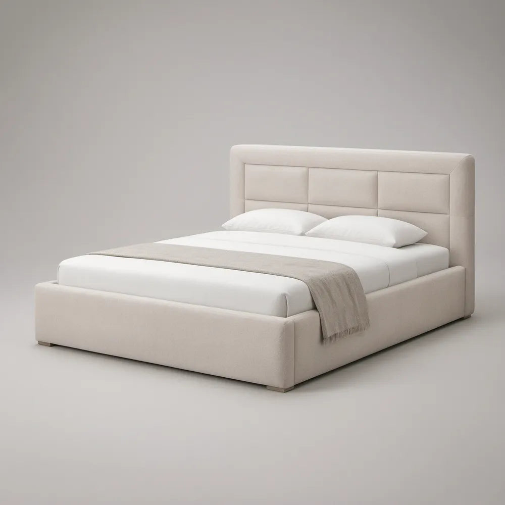 Cama de Casal Estofada Bege 160 x 200 cm com Cabeceira Acolchoada
