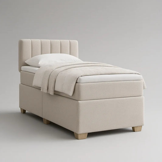 Cama individual estofada bege com cabeceira, 90 x 200 cm