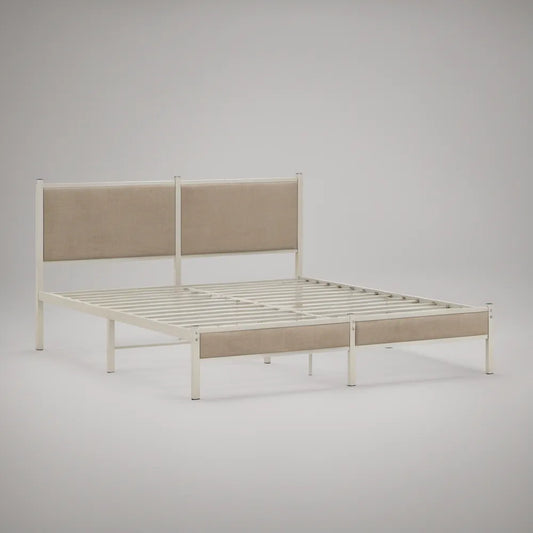 Cama de Casal com Estrado 140 x 190 cm em Aço Branco e Tecido Bege